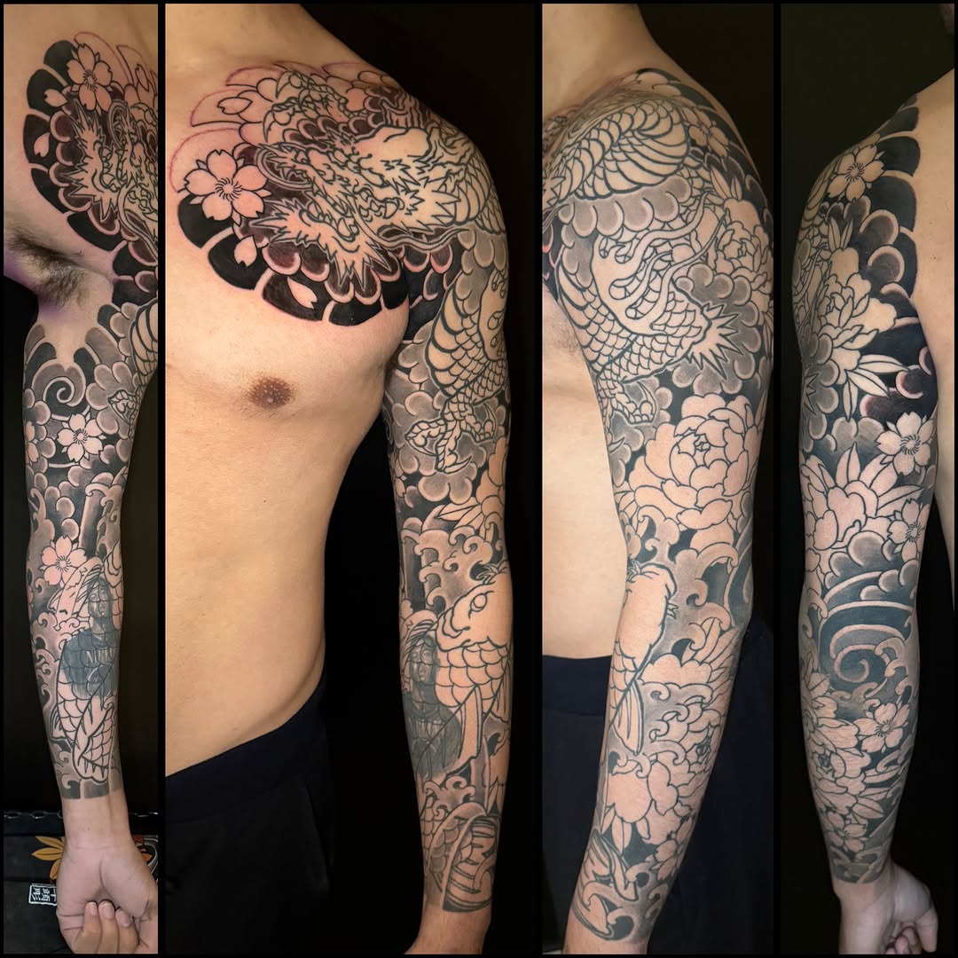 Japanese dragon and koi full sleeve with peonies