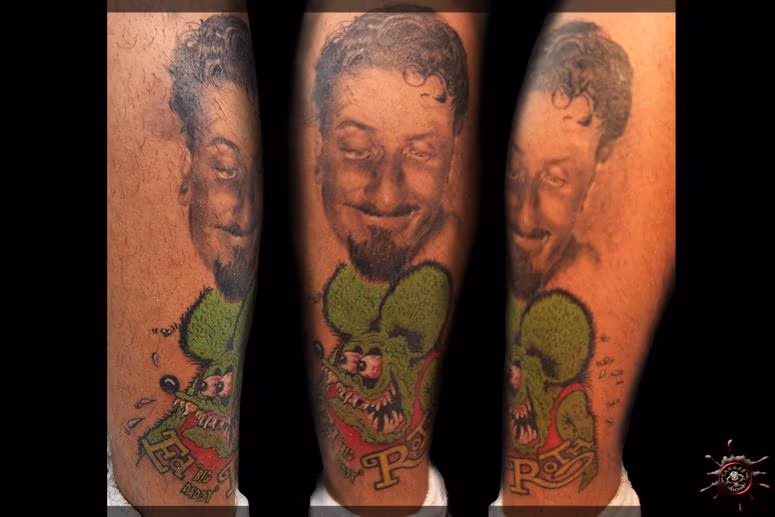 Von Dutch on the ugly Cave Man's Calf