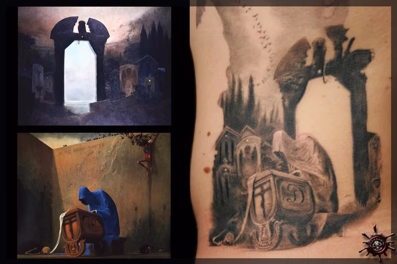 Bottom merge from two reference paintings, Initial on the side of the Cradle: D.