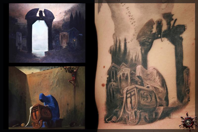 Bottom merge from two reference paintings, Initial on the side of the Cradle: D.