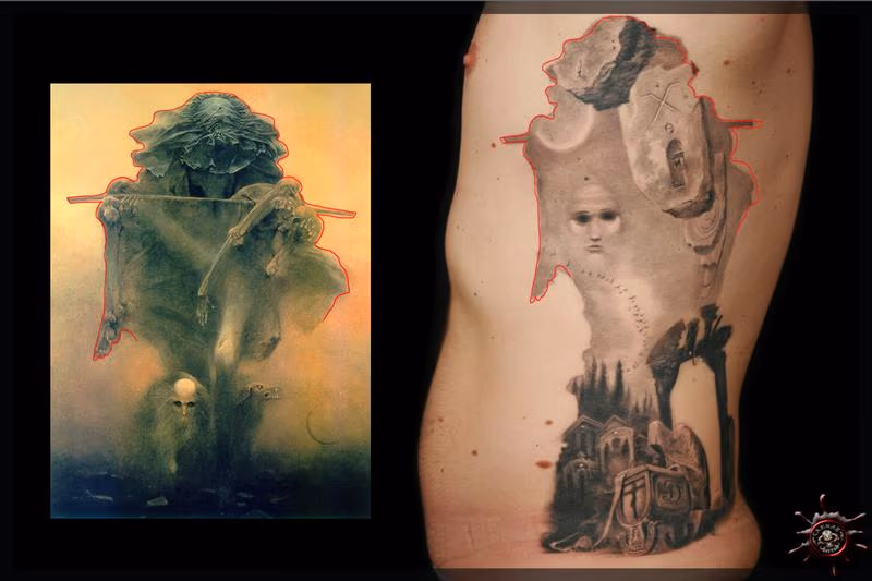 Using the outline of the painting as the frame of the tattoo [Chris D.]