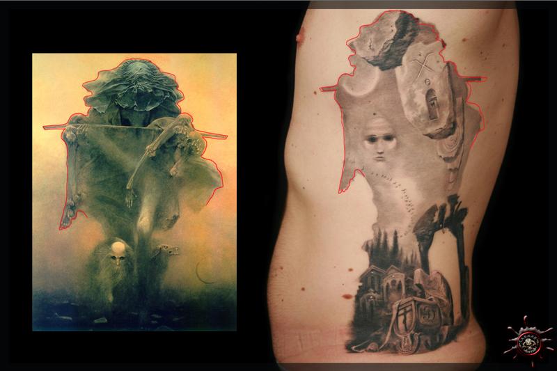 Using the outline of the painting as the frame of the tattoo [Chris D.]