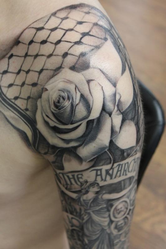Anarchists of Chicago Sleeve with Black and Gray Rose on Shoulder