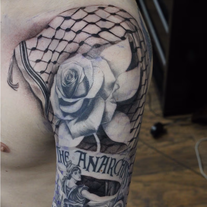 Black And Gray Palestinian keffiyeh pattern Added To Anarchists Of Chicago Sleeve