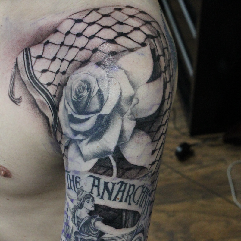 Black And Gray Palestinian keffiyeh pattern Added To Anarchists Of Chicago Sleeve