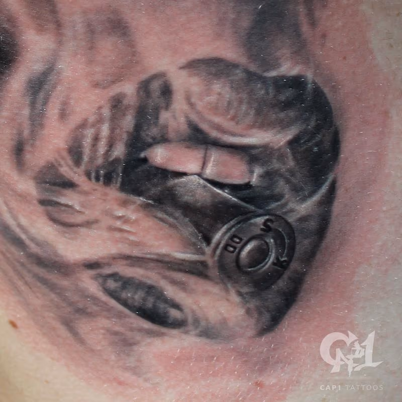 Bite the Bullet Smoking Rib Cage Tattoo (Closeup)