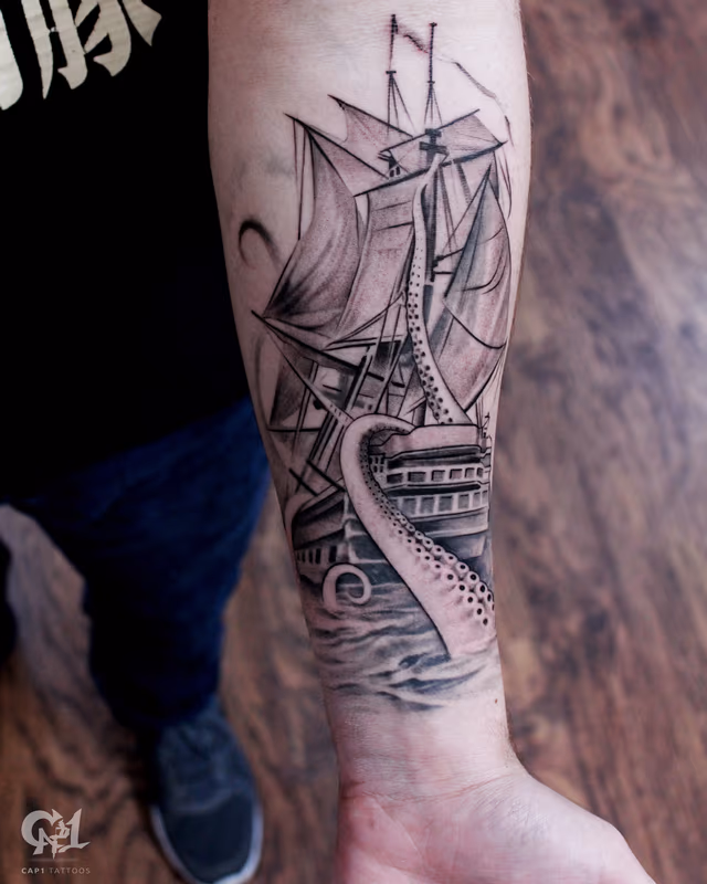 Ship and Octopus Tattoo Sleeve