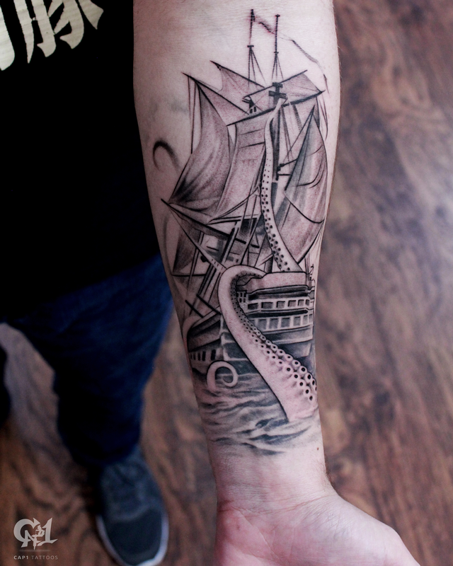 Ship and Octopus Tattoo Sleeve
