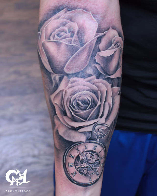 Rose and Pocket Watch Half Sleeve Tattoo