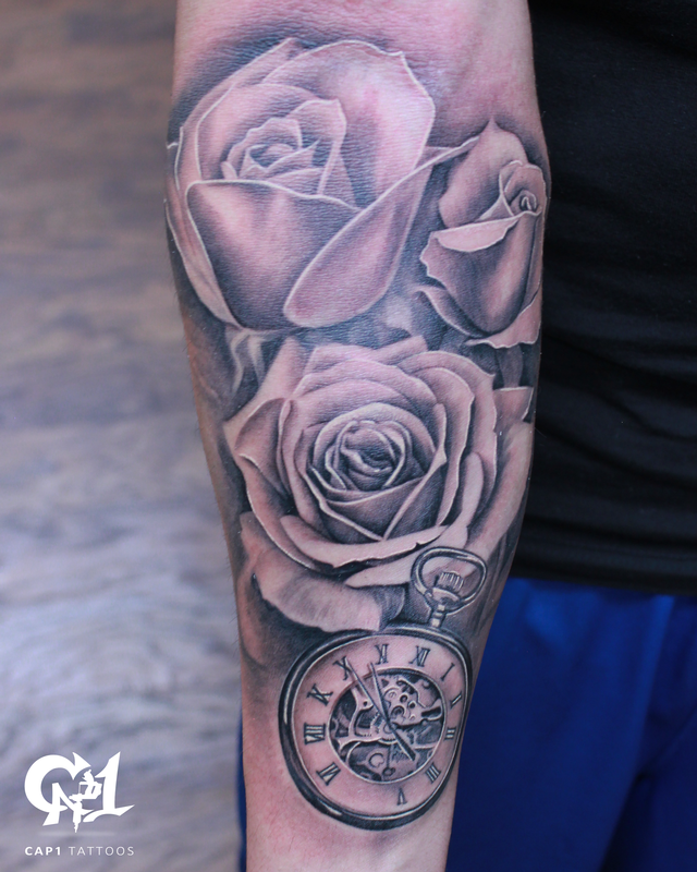 Rose and Pocket Watch Half Sleeve Tattoo