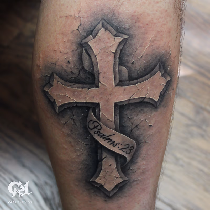 Psalms 23 Stone Cross Tattoo