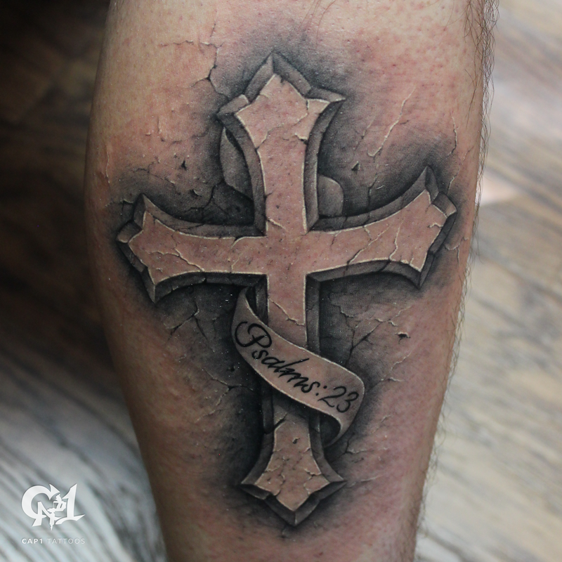 Psalms 23 Stone Cross Tattoo