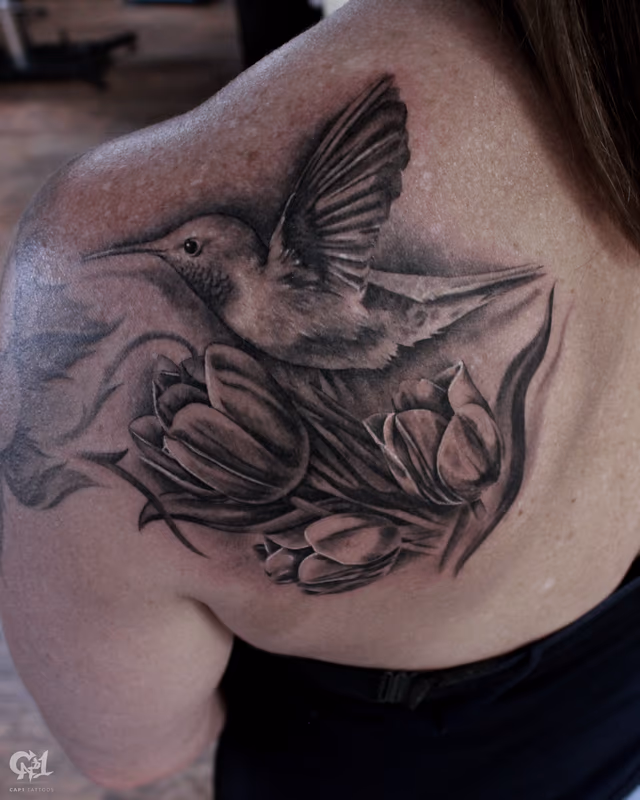 Hummingbird and Flowers Tattoo