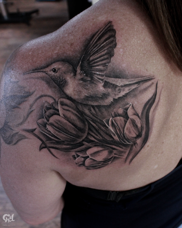 Hummingbird and Flowers Tattoo