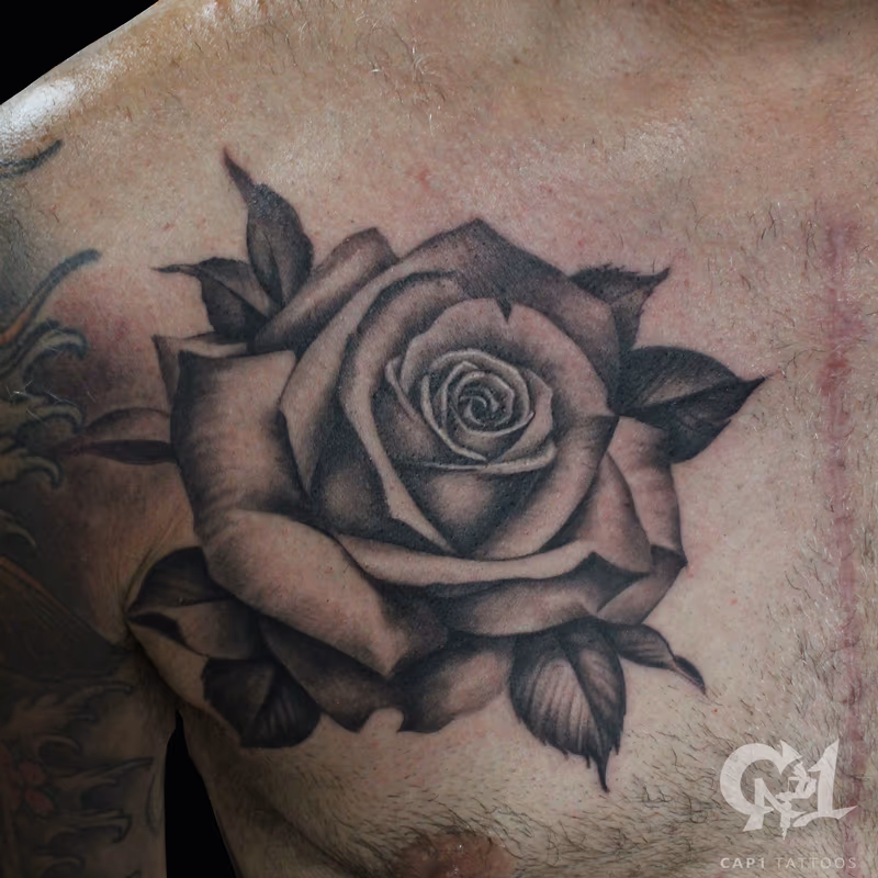 Rose Chest Tattoo (Black and Grey)