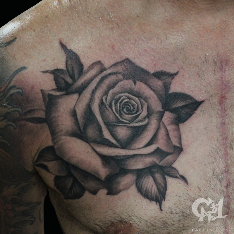Rose Chest Tattoo (Black and Grey)