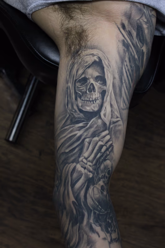 Healed Black And Grey Grim Reaper Sleeve