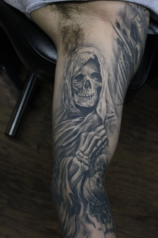 Healed Black And Grey Grim Reaper Sleeve