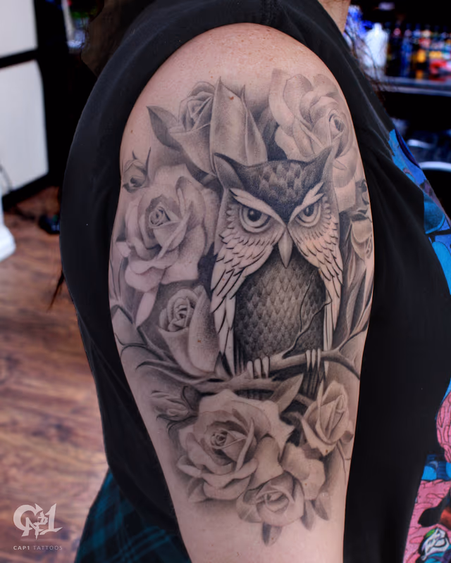 Roses And Owl Tattoo Sleeve