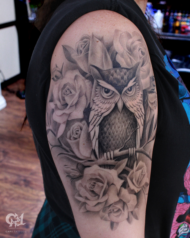 Roses And Owl Tattoo Sleeve
