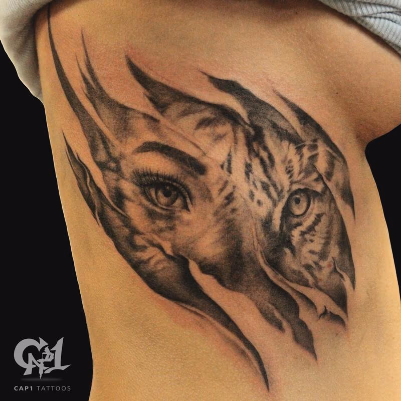 Tiger Rib Cage Skin Rips Tattoo