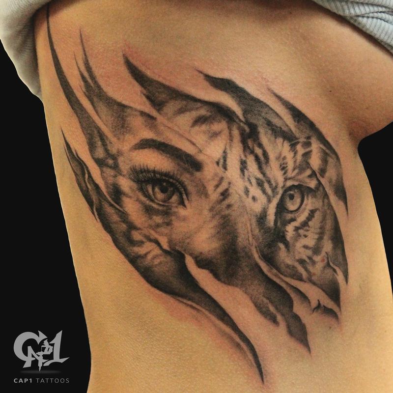 Tiger Rib Cage Skin Rips Tattoo