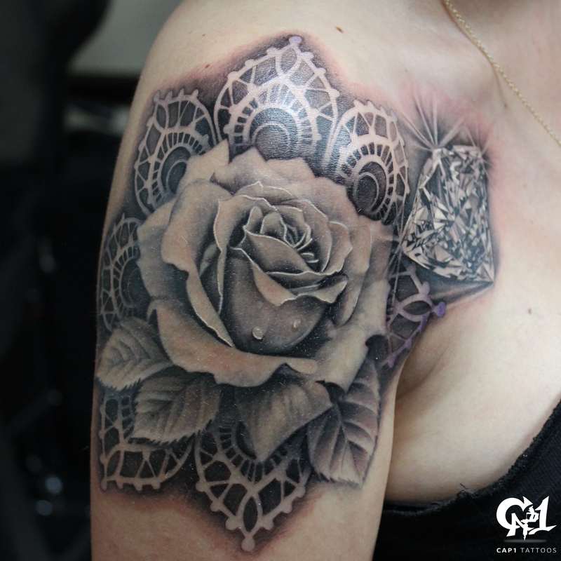Realistic Rose and Diamond Tattoo