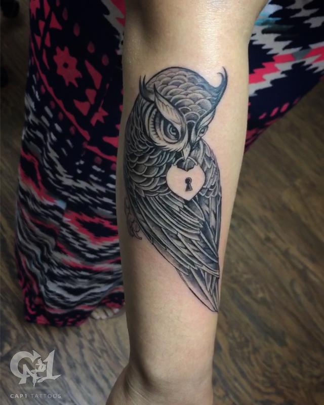 Owl and Locket Arm Tattoo