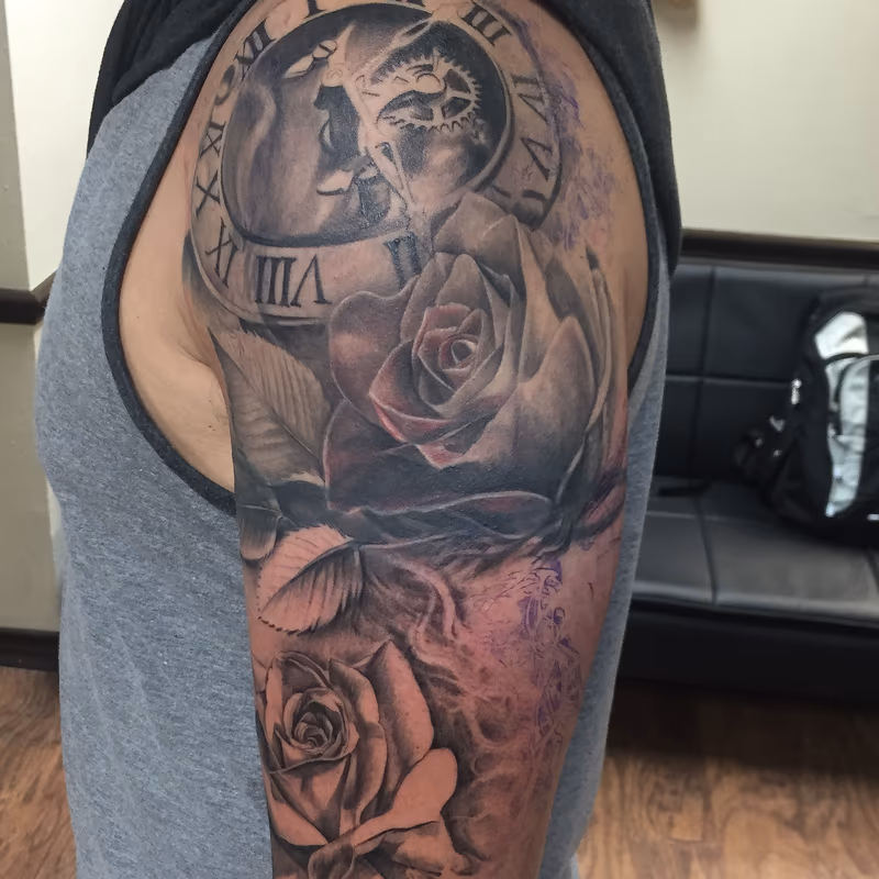 Mechanical Clock and Roses Sleeve Progress
