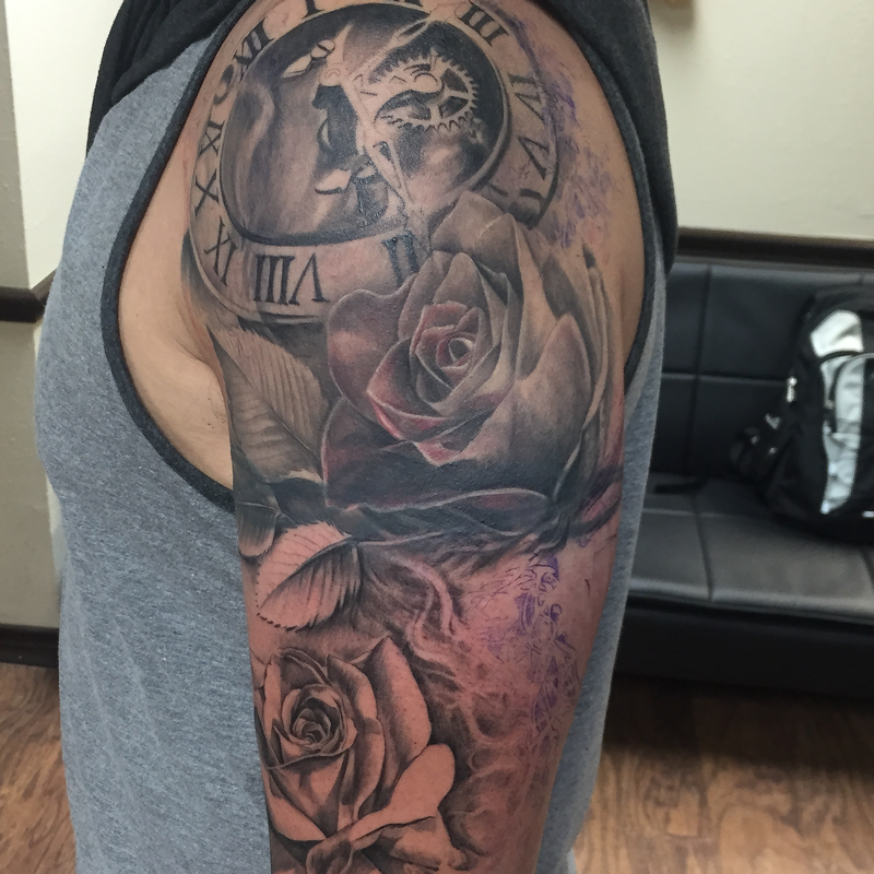 Mechanical Clock and Roses Sleeve Progress
