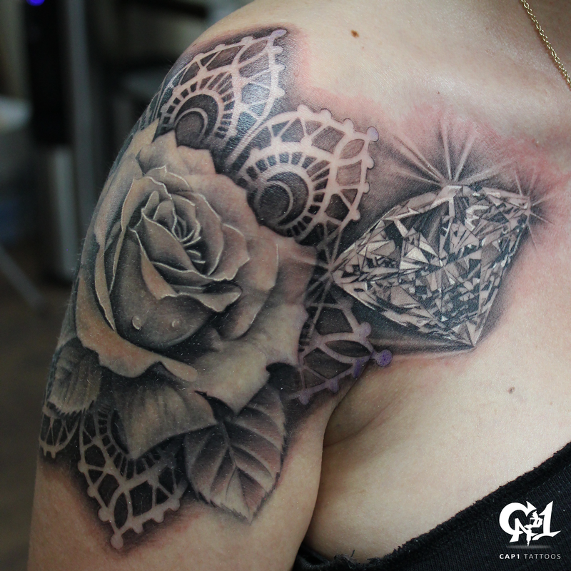Realistic Rose and Diamond Tattoo