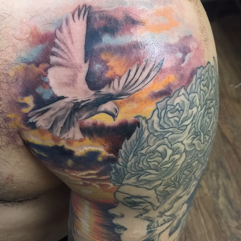 Flying Dove over Vivid Sunset Ocean Color Sleeve