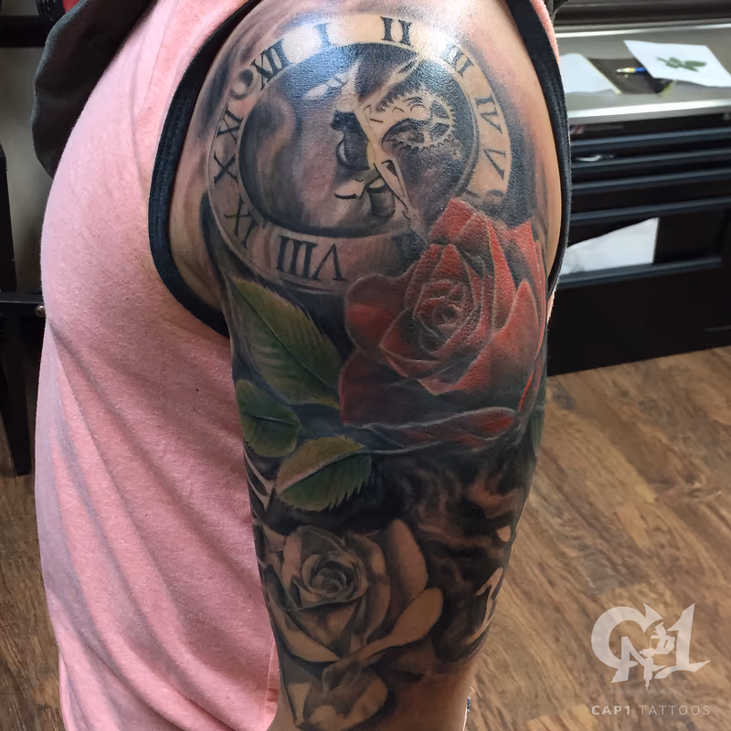 Mechanical Clock and Roses Sleeve