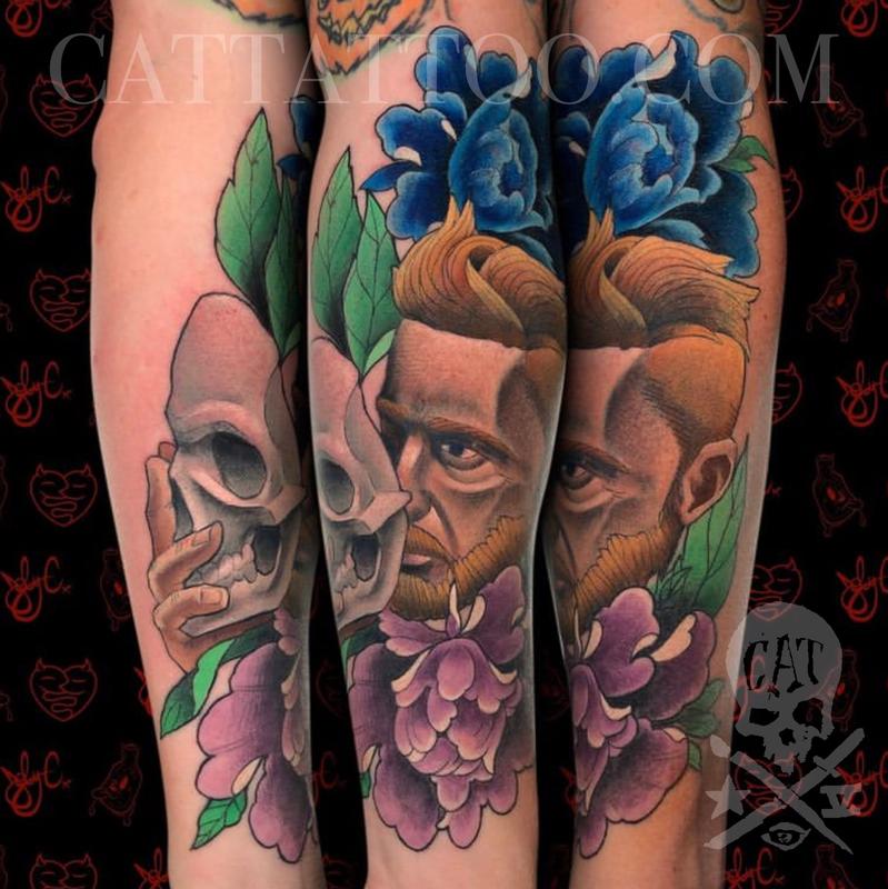 Man with skull and flowers