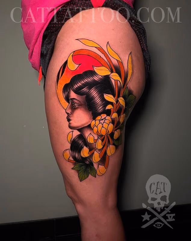Lady and Chrysanthemum
