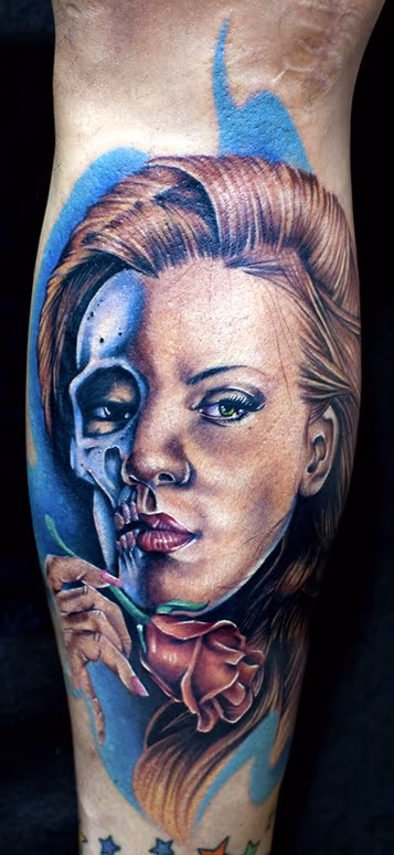 based off a custom drawing i did for a client who wanted a tattoo of a half alive half dead woman who was still beautiful done with stigma hyper and fusion ink