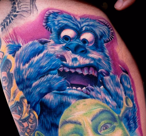 sully tattoo done at la body art expo by cecil porter shrek by mike devries done with stigma hyper tattoo machine and fusion ink