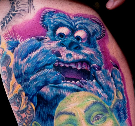 sully tattoo done at la body art expo by cecil porter shrek by mike devries done with stigma hyper tattoo machine and fusion ink