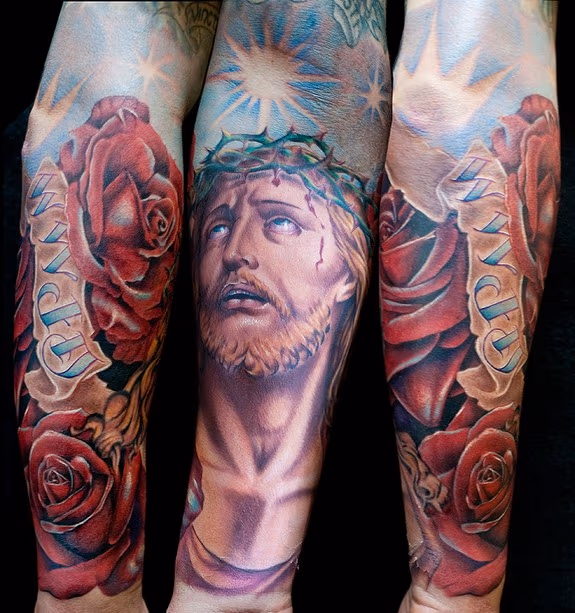 him and his wife flew in from canada to get work by me so flattering and the first time its happened for me they were great customers he got this tattoo done in just two sessions the jesus is still healing in this pic done with stigma hyper and fusion ink