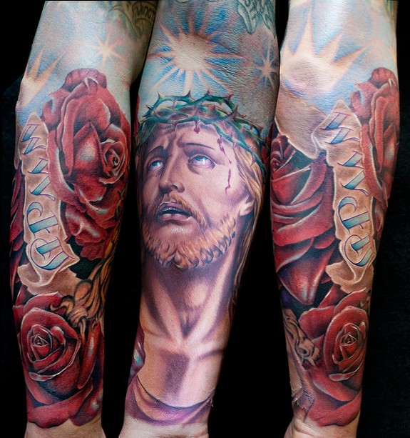 him and his wife flew in from canada to get work by me so flattering and the first time its happened for me they were great customers he got this tattoo done in just two sessions the jesus is still healing in this pic done with stigma hyper and fusion ink