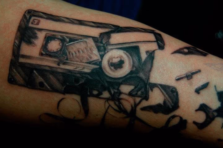 Black and Grey Realistic Cassette Tattoo