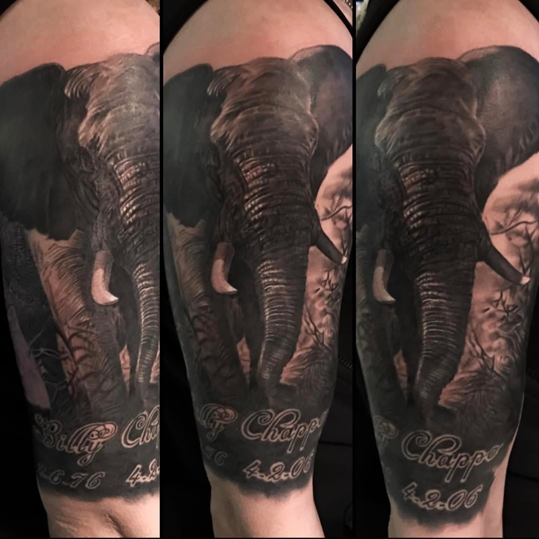 Black-and-grey elephant memorial tattoo, arm