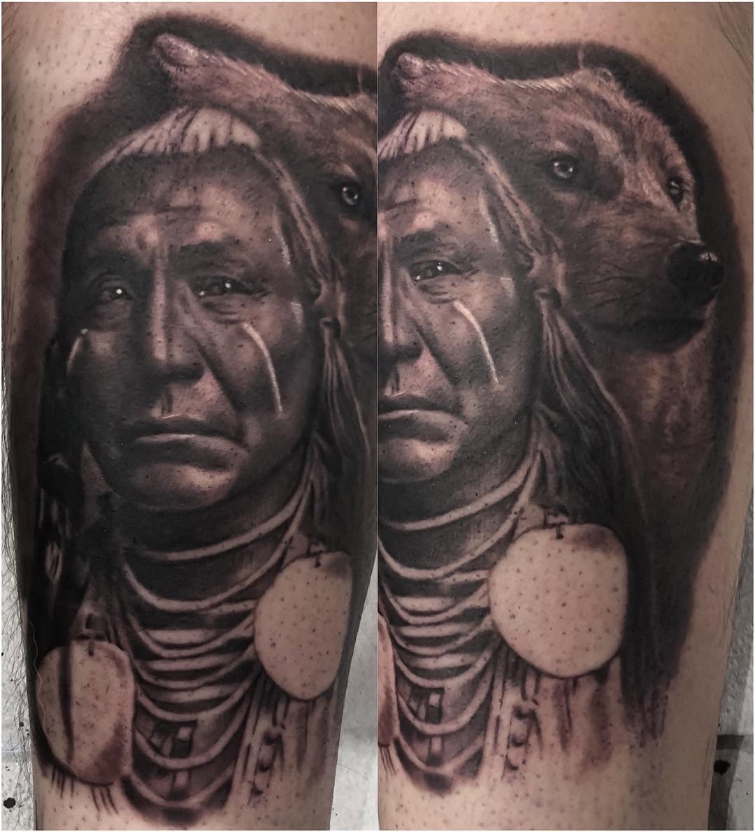 Native American chief & wolf portrait, leg