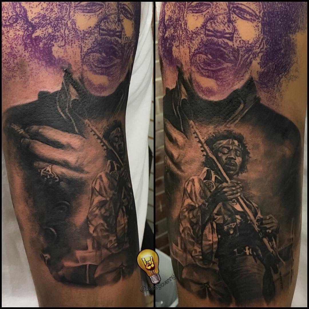 Jimi Hendrix portrait tattoo, black and grey