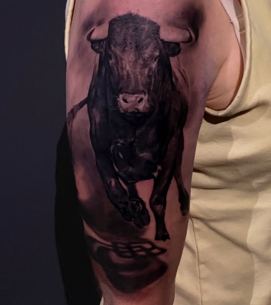 Black-and-grey bull portrait, bicep