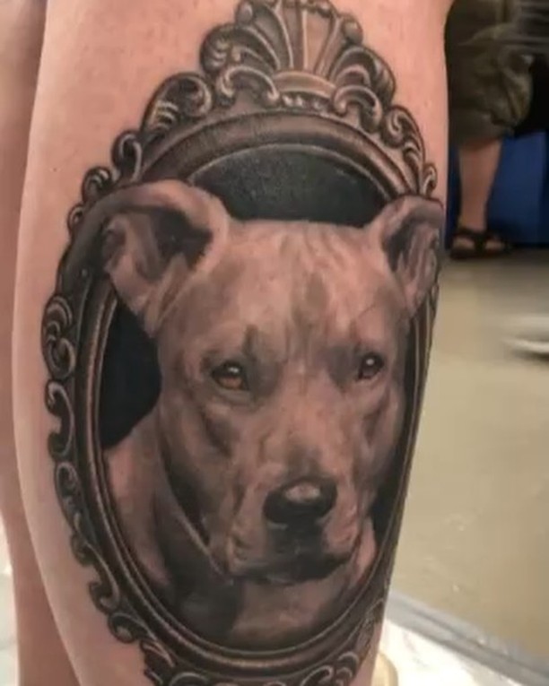 Black-and-grey dog portrait in ornate frame, thigh