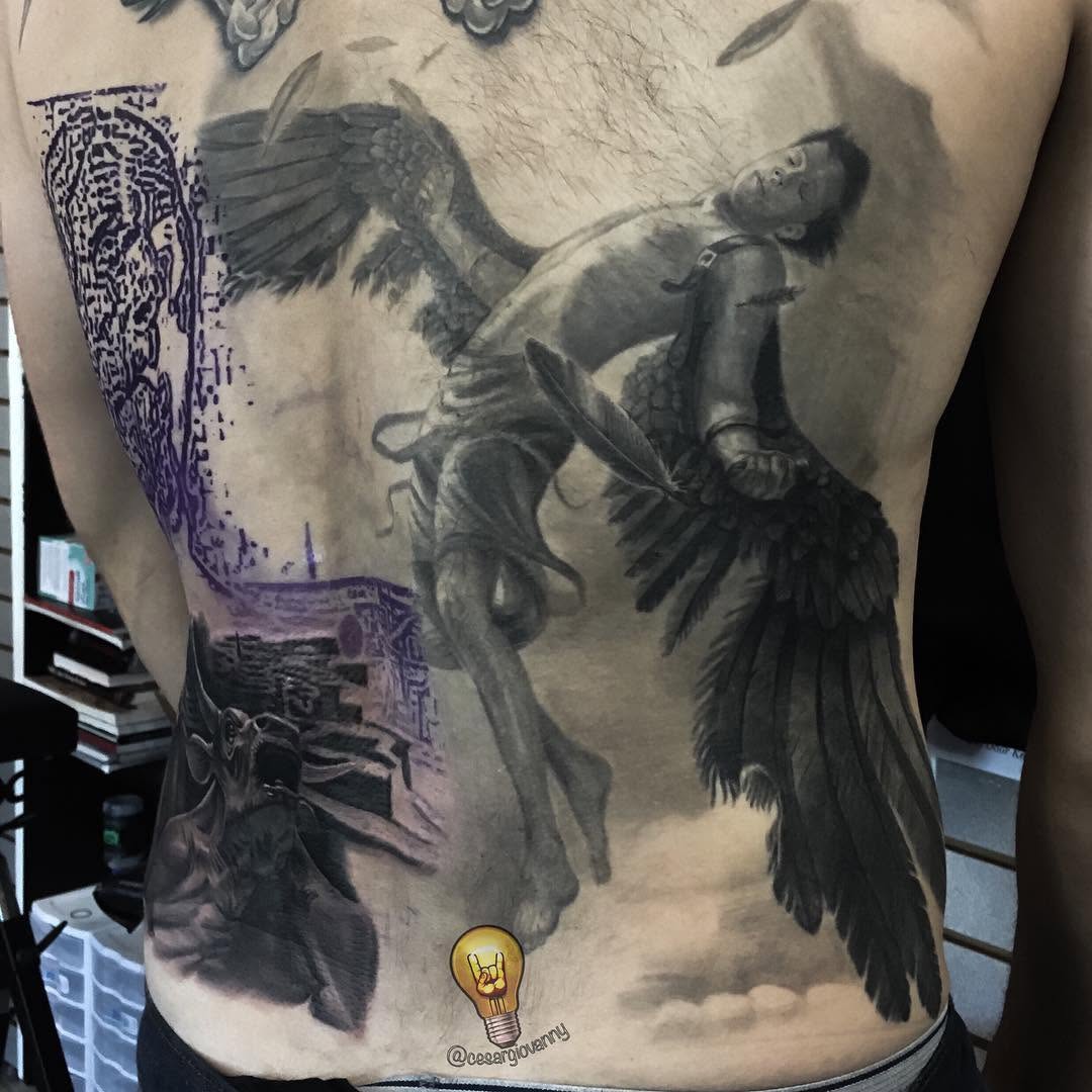 Icarus and Daedalus black-and-grey back piece