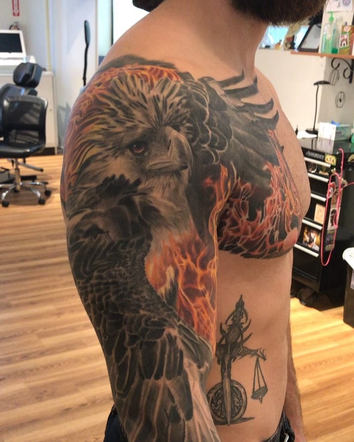 Realistic eagle and flames sleeve in color