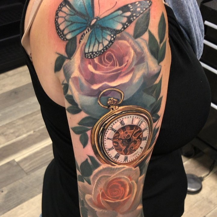 Color realism roses, butterfly & pocket watch sleeve