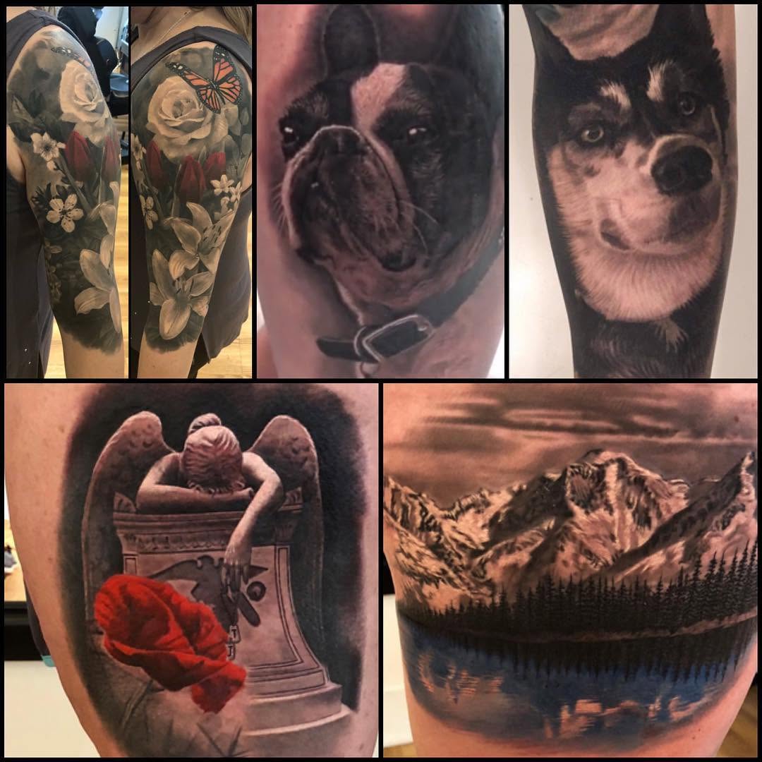 Realism tattoo highlights: dogs, florals, landscape